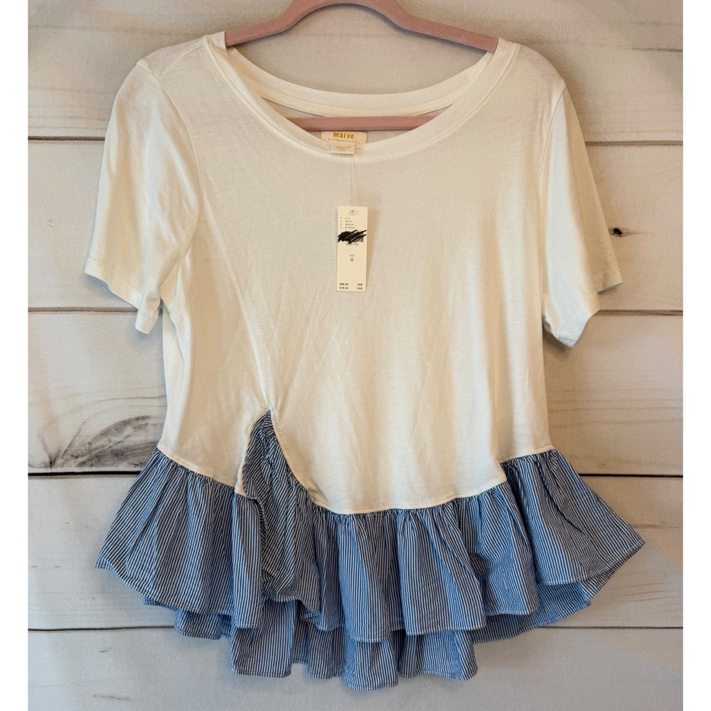 Maeve Anthropologie White Blue Striped Ruffle Hem Mixed Media Top Size M NEW